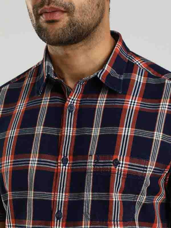 Indian Terrain Men's Regular Fit Half Sleeve Checkered Navy Shirt